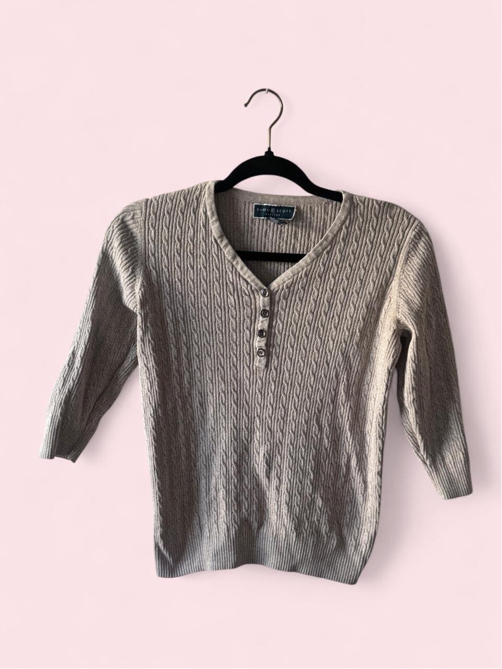 Karen Scott Cable Knit V-Neck Henley Sweater in Taupe